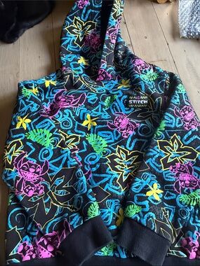 Stitch Neon Graphic Hoodie - Black with Pink, Blue, Green, Yellow Kids